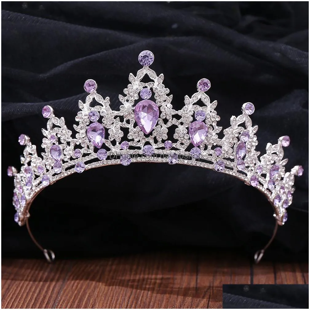 wedding hair jewelry silver color fashion purple lilac crystal tiara crowns queen kings princess accessories bridal diadems 221012