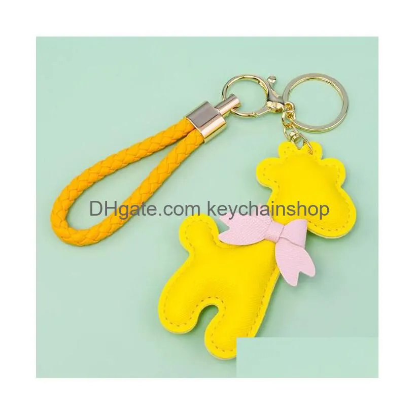 candy colored giraffe keychains fashion bow pu lanyard car key chain women`s bag decorative pendant pure color