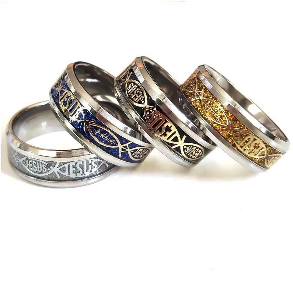 bulk lots 50pcs/lot top mix jesus letter 316l stainless steel ring for religious fish men women wedding jewelry male female fashion