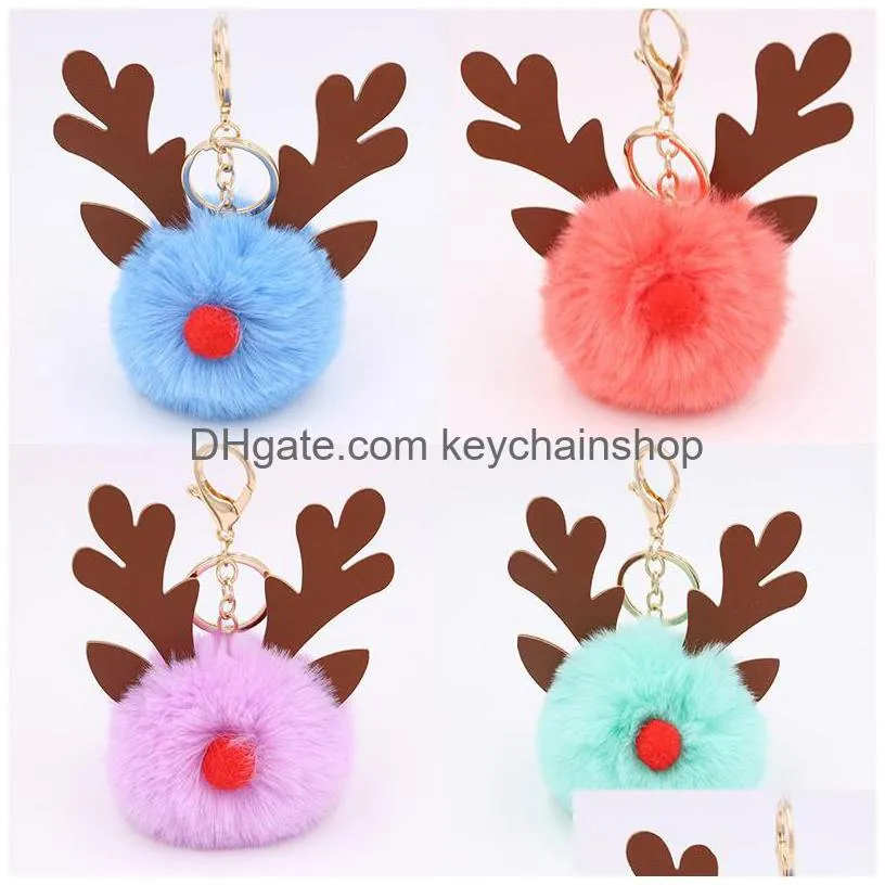 cute plush elk keychain pompom pendant key ring chains car keyring holder charm bag gifts christmas tree decoration