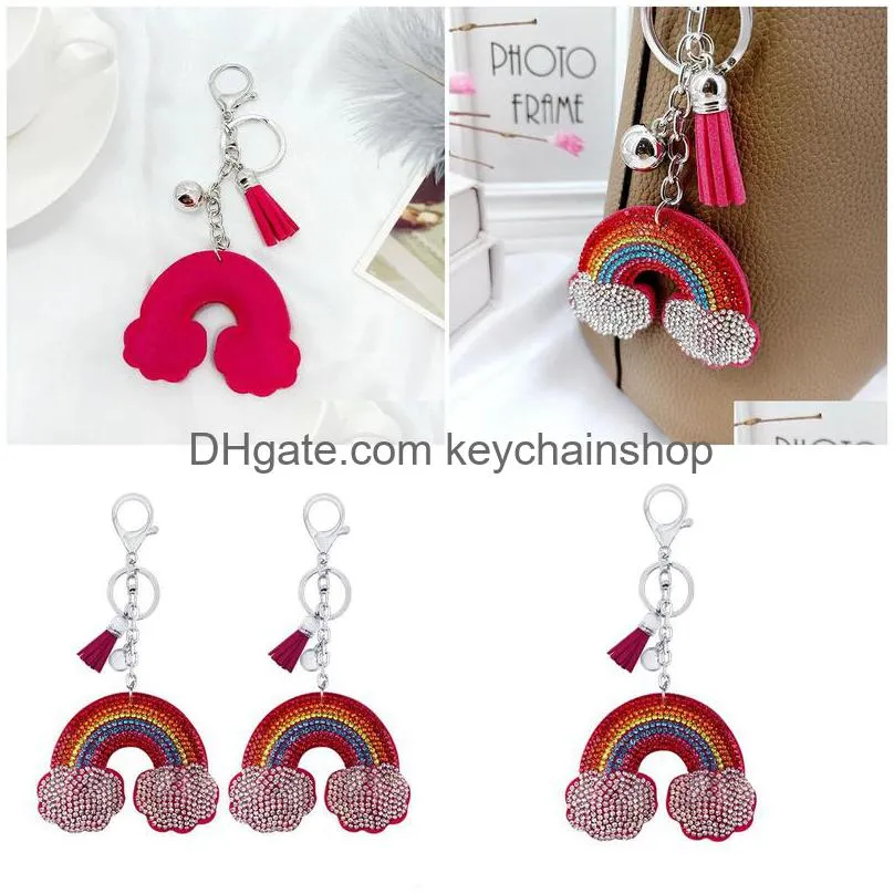 rhinestone korean velvet rainbow cloud keychain pendant creative gift  tassel bag car accessories