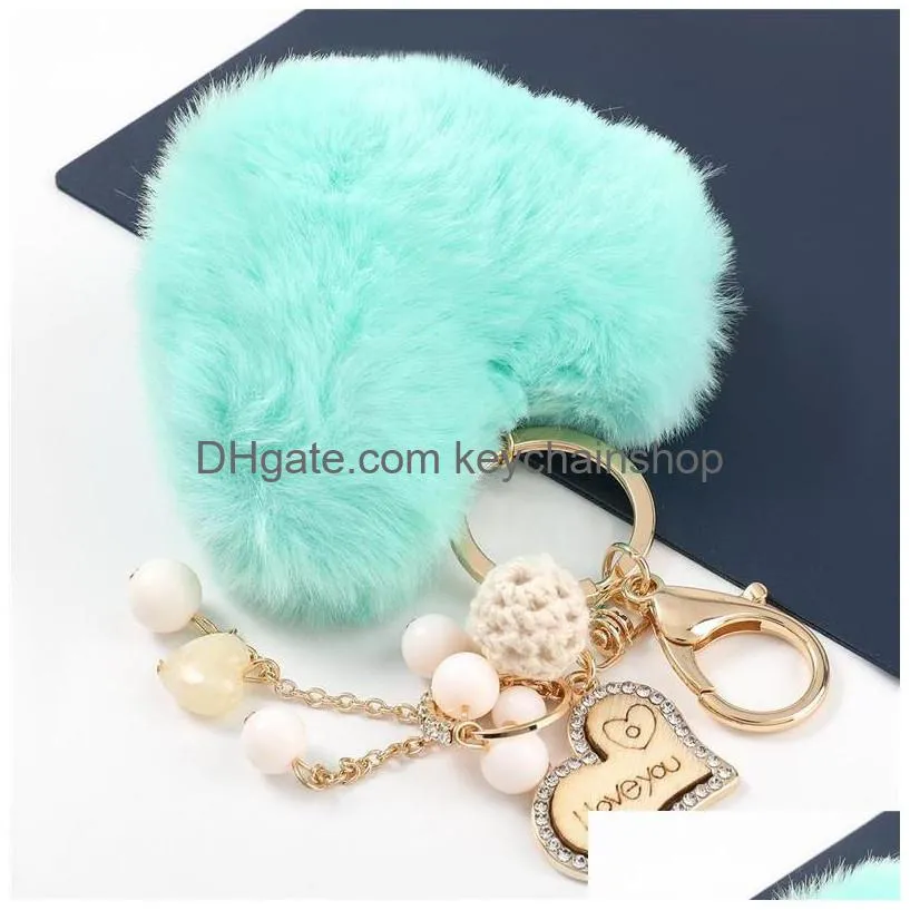 fluffy heart pompom key rings jewelry for women personalized rhinestone love keychains pendant bag charm accessories