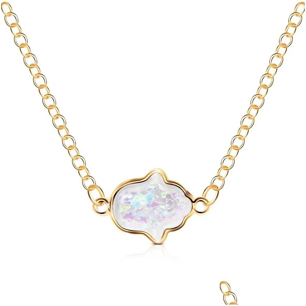fashion blue white pink opal hand necklace charm pendant necklaces long chain women jewelry gifts