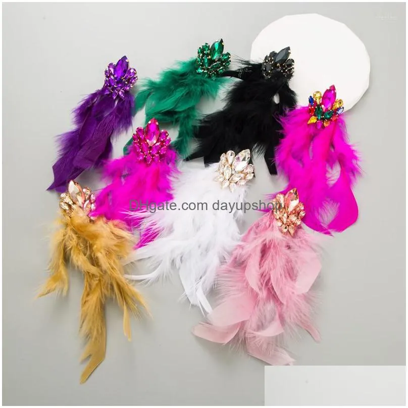 dangle earrings statement earring for women bridal colored crystal feather long hanging tassel luxury fuchsia prom jewelry