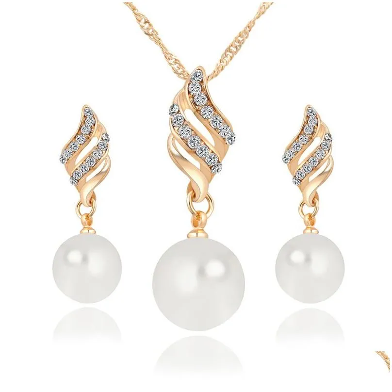 Crystal Rhinestone Jewelry Sets Bridal Wedding Silver Gold Color Fashion Imitation Pearl Stud Earrings Necklace Set for Women Girls