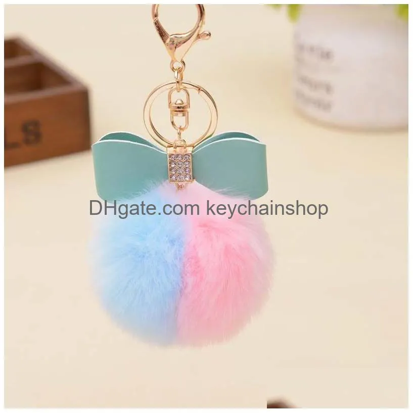 fluffy pom pom keychains faux rabbit fur rhinestone key chain rings bow-knot pompom keyring holder women car charm bag gifts