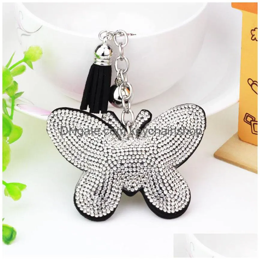 fashion butterfly pendant keychain for women girls rhinestone key ring holder pu leather car key chains accessories