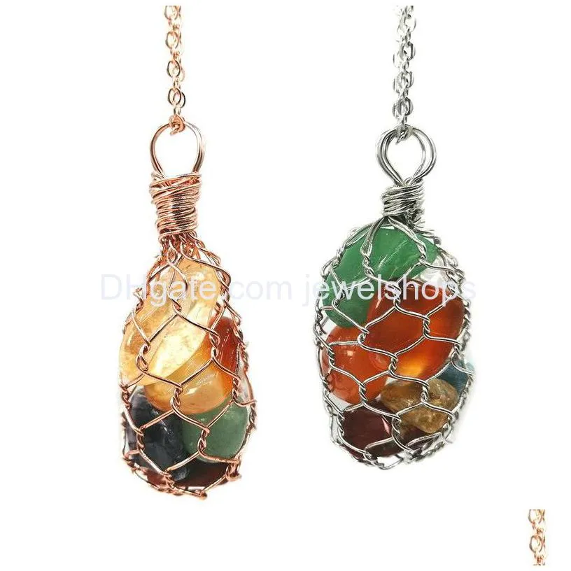 wire wrapped net irregular stone pendant seven chakra raw gemstone metal net pendants with anti tarnished chain necklace gift for