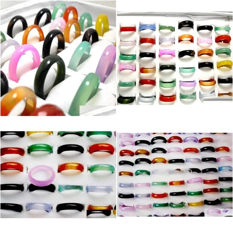 wholesale lots 50pcs smooth surface cute ring punk finger ring colorful men women`s agate stone rings