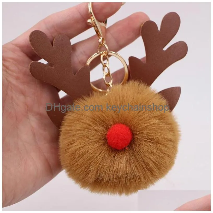 cute plush elk keychain pompom pendant key ring chains car keyring holder charm bag gifts christmas tree decoration
