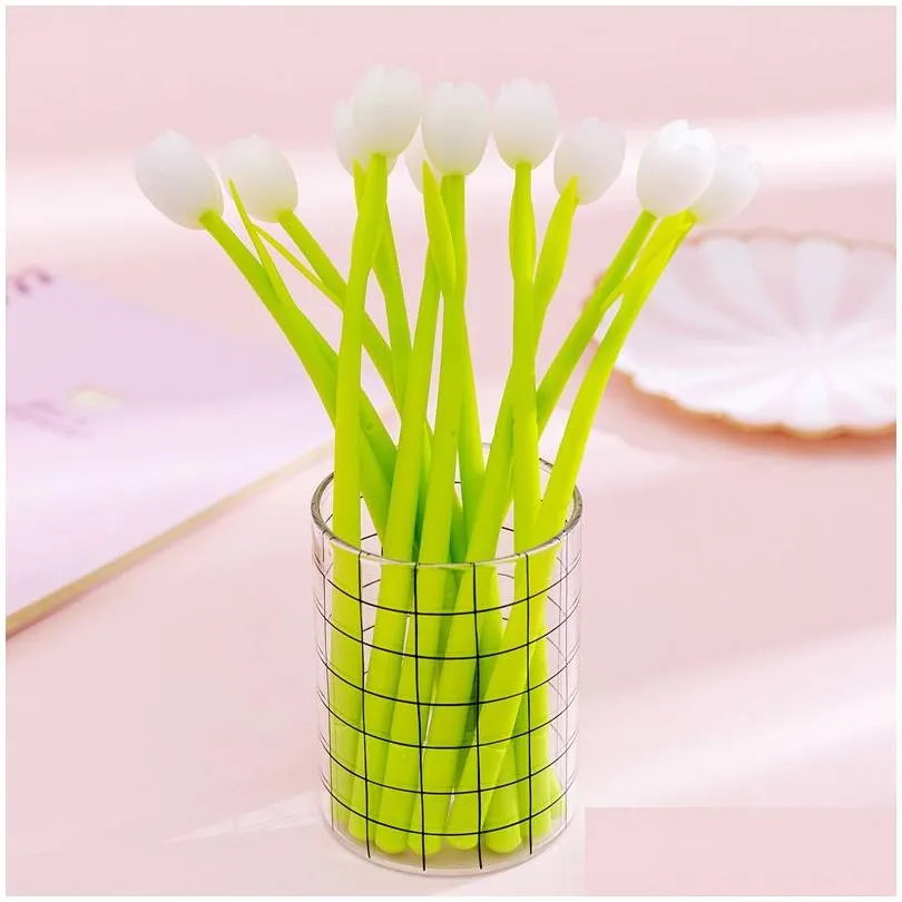 wholesale 20 pcs creative tulip silicone flower gel pen small  cute student examination sign pen stationary pens 210330