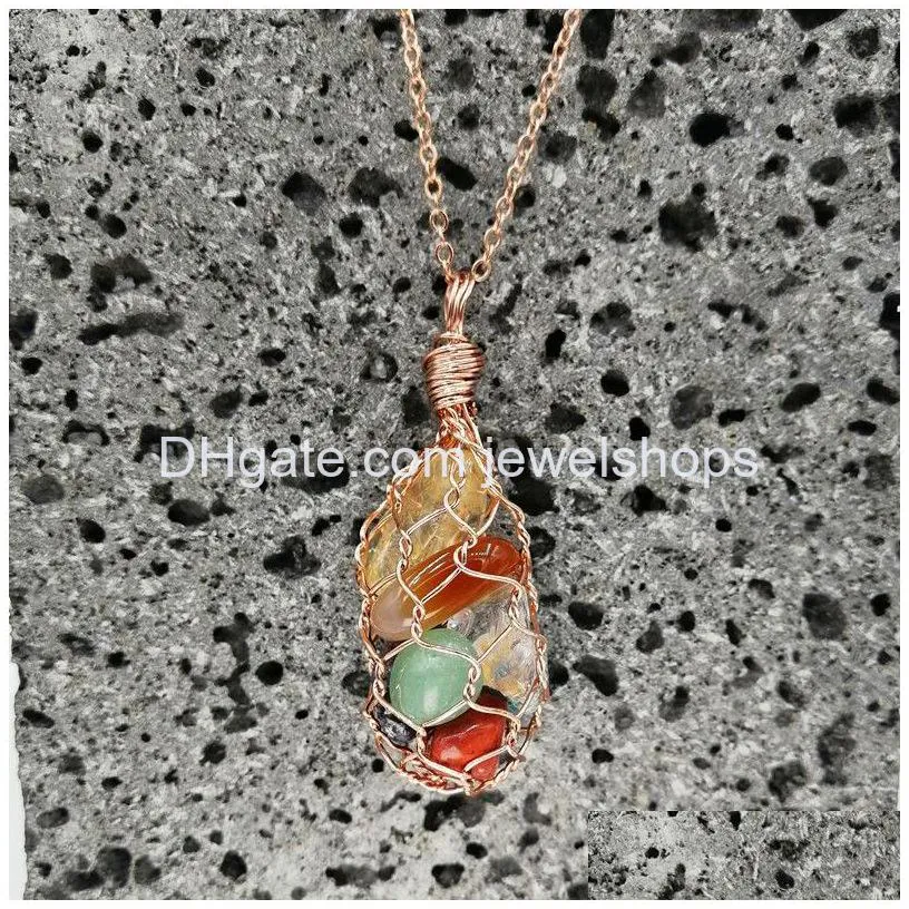 wire wrapped net irregular stone pendant seven chakra raw gemstone metal net pendants with anti tarnished chain necklace gift for