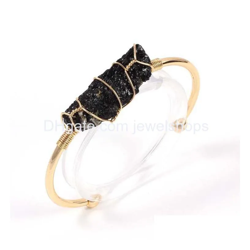 gemstone wire wrapped bangle irregular raw mineral crystal stone gold plated cuff open bangle for women girl gift