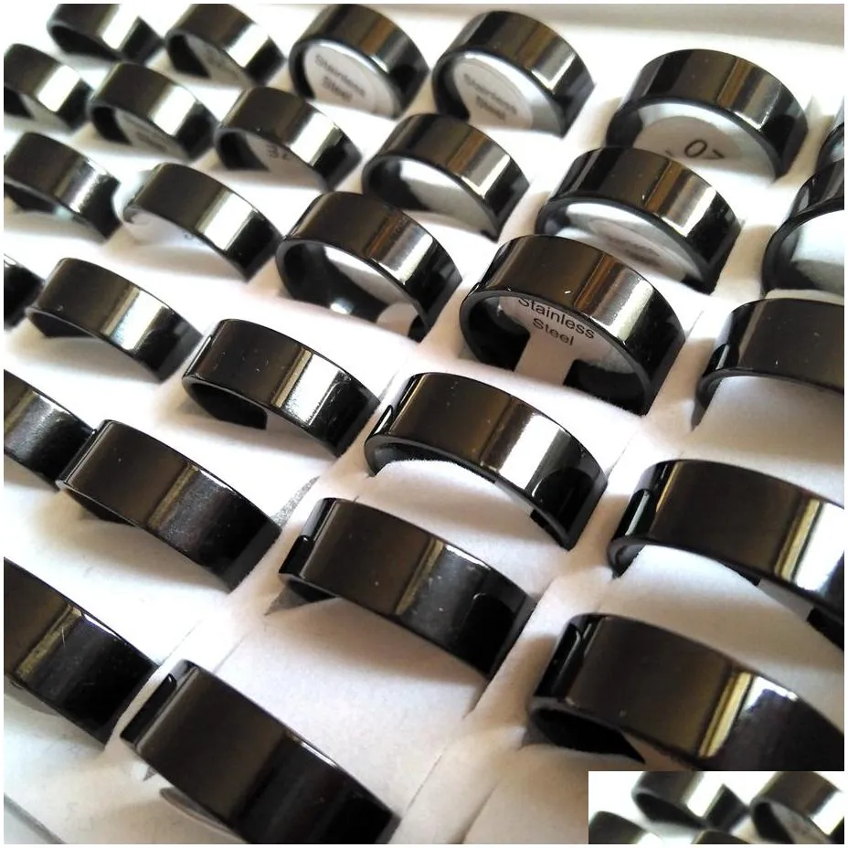 50pcs black comfort-fit 8mm band ring man women classic simple finger ring 316l stainless steel jewelry sizes assorted brand new