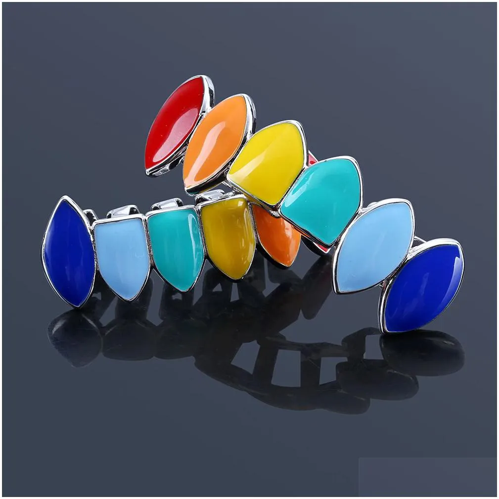 hip hop gold silver rainbow teeth grillz top bottom colorful grills dental mouth cosplay party tooth rapper jewelry gift