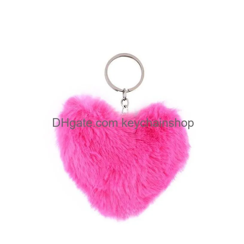 pompom love heart key rings soft faux rabbit fur ball keychains fluffy car keyrings pendants jewelry valentines gift