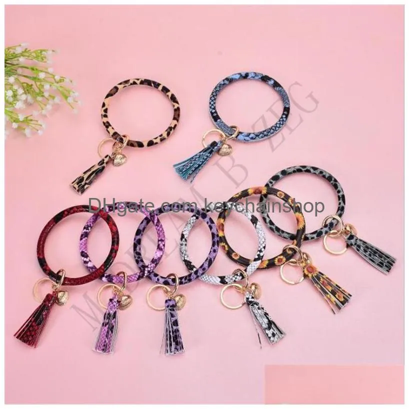 18 colors leather wristlet tassel leopard bracelet bangle key holder key chain ring leather wrap sunflower key ring bangle chains