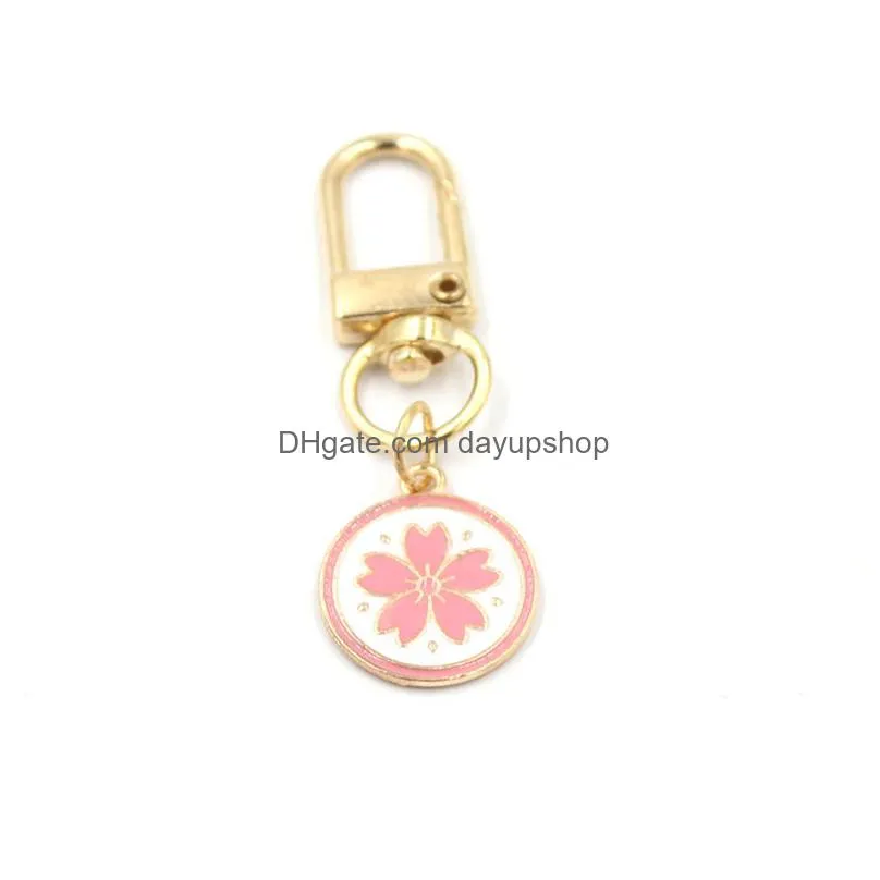 wholesale pink flower disc keychain japanese sakura key rings zipper pull charm planner charms accessories hangbag hanging pendants keyring for women