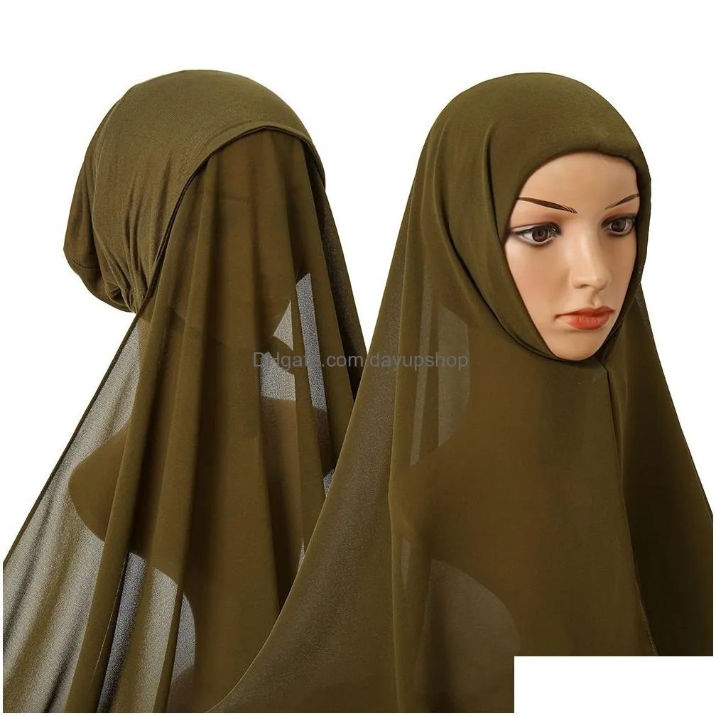 hijabs chiffon scarf hijab and inner cap all-in-one suit muslim women convenient headscarf and elastic bonnet with tie rope 180x70cm