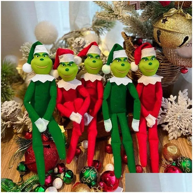 30cm red green christmas grinchs doll plush toys monster elf soft stuffed dolls christmas xmas tree decoration with hat for children