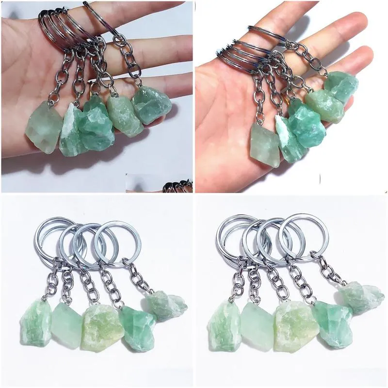 natural raw mineral stone pendant keychain green fluorite crystal key rings wholesale