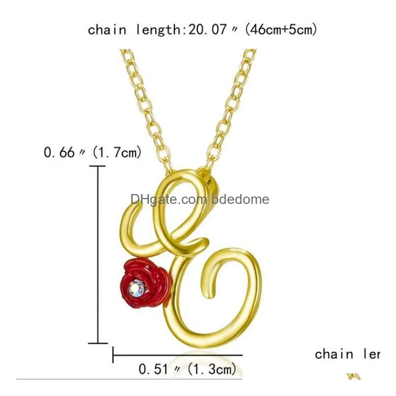 rose flower rhinestone initial letter pendant necklaces mix silver gold a to z necklace jewelry for sale