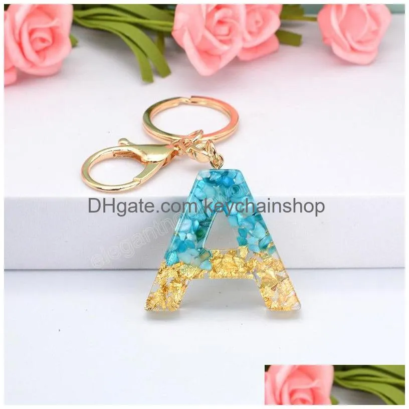 blue english letter keychain fashion a-z initials gold foil stone filling plastic key chain women handbag hanging pendant gifts