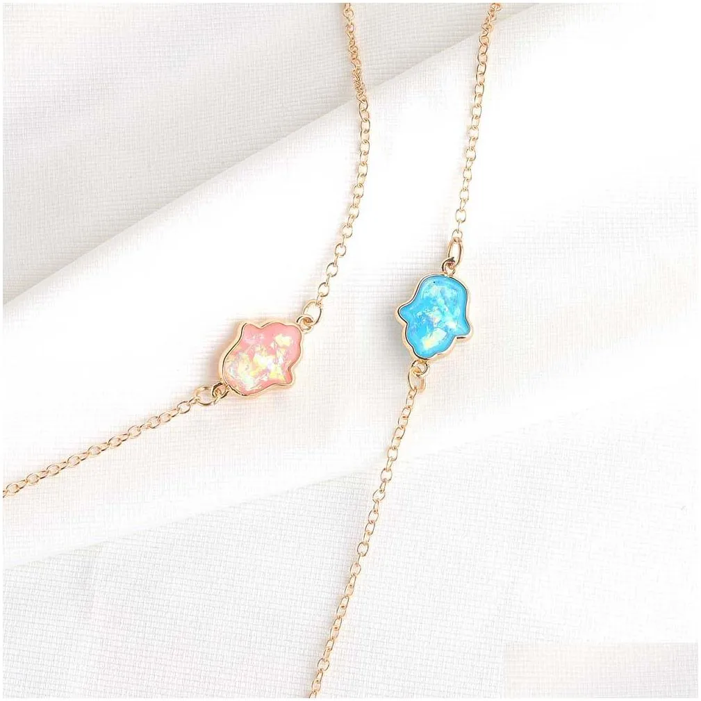 fashion blue white pink opal hand necklace charm pendant necklaces long chain women jewelry gifts