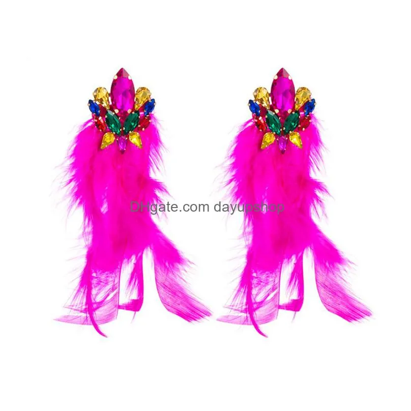 dangle earrings statement earring for women bridal colored crystal feather long hanging tassel luxury fuchsia prom jewelry