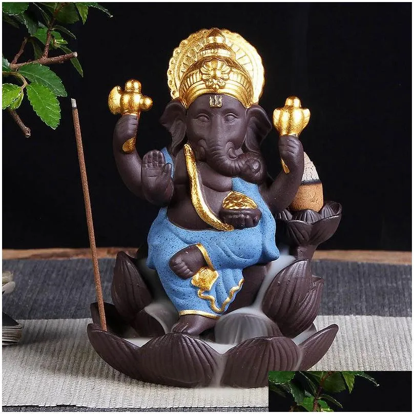4 Colors Ceramic Ganesha Elephant God Buddha Statues Backflow Incense Burner Home Office Incense Cones Free DHL