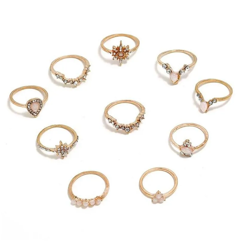 cluster rings simple fashion metal ten-piece / joint ring inlaid zircon unique set sun flower ladies jewelry decoration