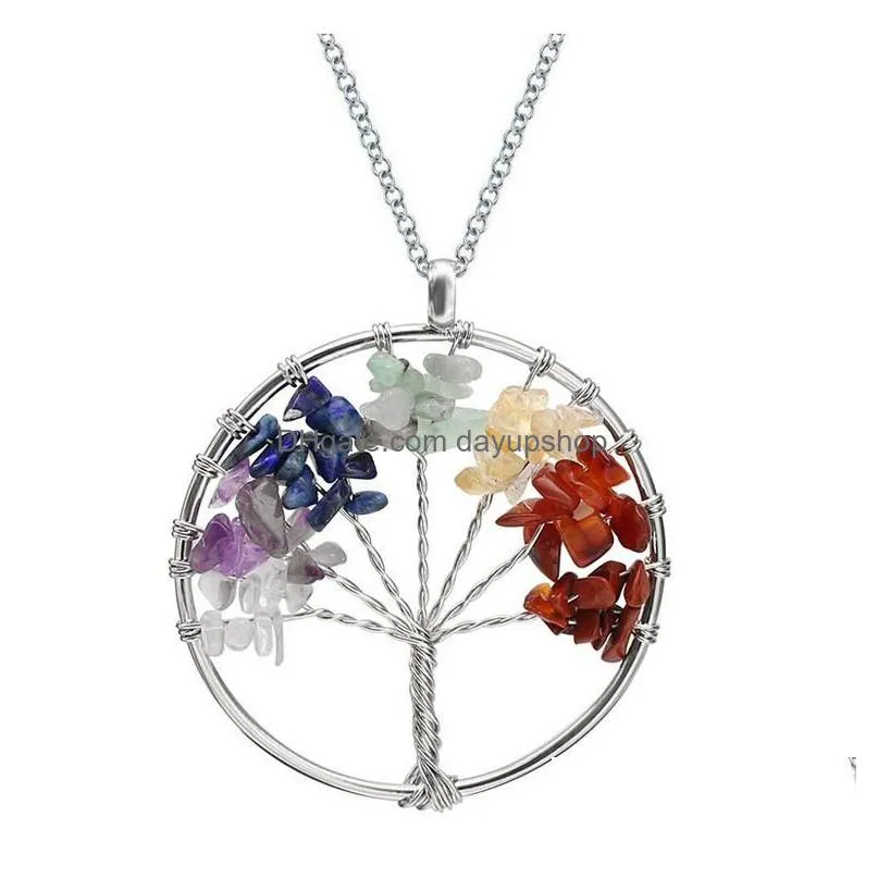 tree of life quartz pendant necklace rainbow 7 chakra multicolor natural stone wisdom tree leather chain necklace for girls