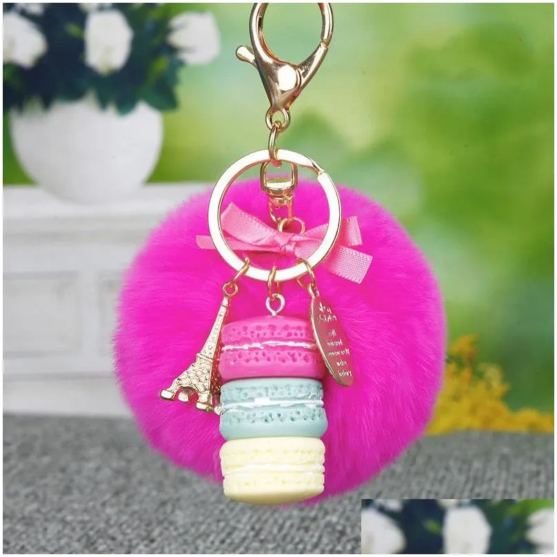 Fur Ball Key Ring Chain Macaron Keychain Jewelry Effiel Tower Beads Keyring Holder Fashion Resin Women Bag Pendant Charm Accessories for