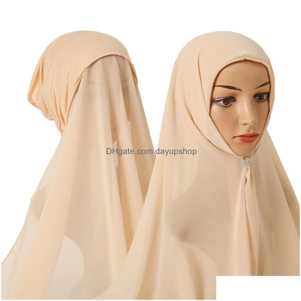 hijabs chiffon scarf hijab and inner cap all-in-one suit muslim women convenient headscarf and elastic bonnet with tie rope 180x70cm