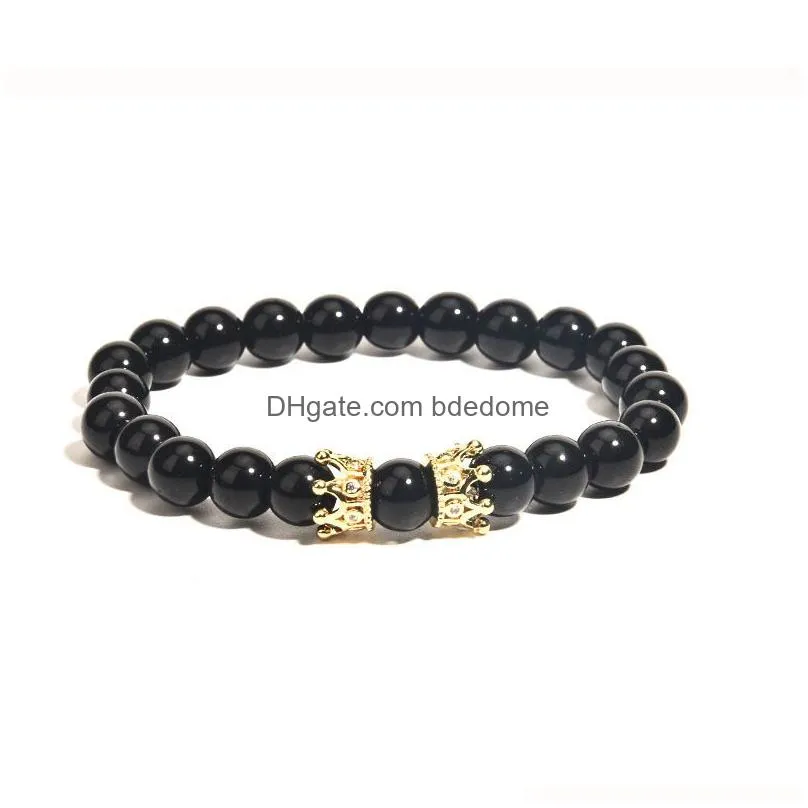 mens bracelet 8mm black onyx strands beaded jewelry  head and micro pave crown wrist bracelets for women