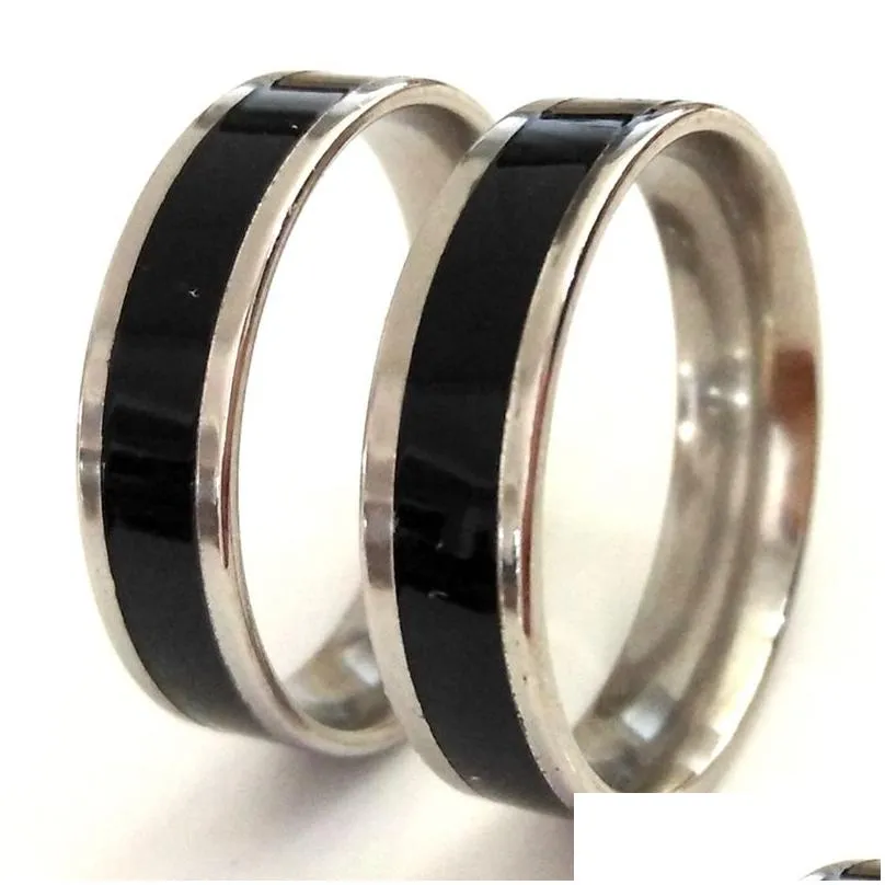 30pcs width 6mm black enamel comfort-fit men women stainless steel rings man classic finger rings party rings wholesale hot jewelry