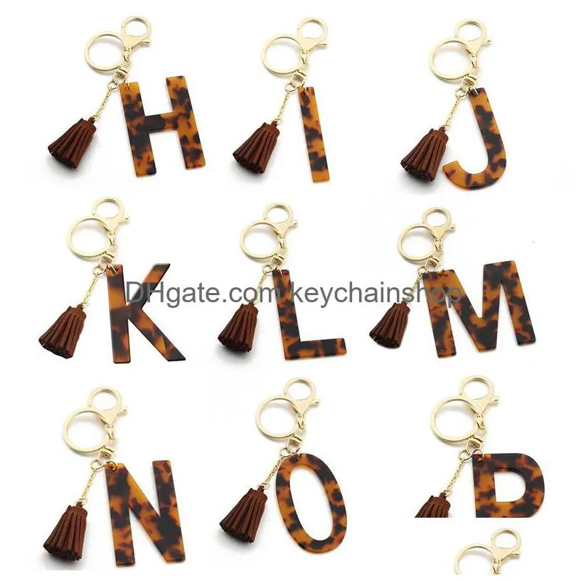 leopard print keychains a-z initial acetate pendant key chain ring cute car alphabet resin keyring holder charm bag couple gifts