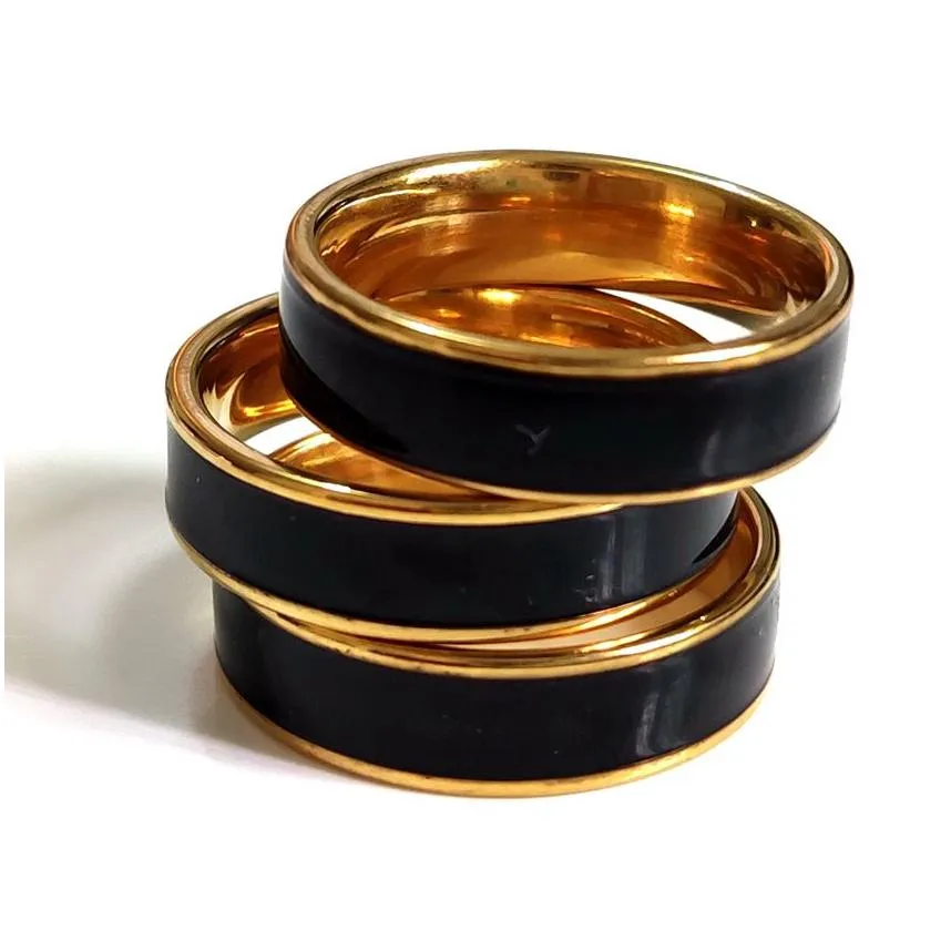 30pcs high polished quality black enamel 6mm stainless steel gold band wedding rings for men & women elegant classic jewelry