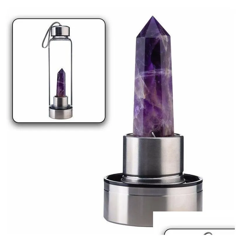 natural quartz gemstone glass water bottle direct drinking cup glass crystal obelisk wand healing wand bottle with rope 201126