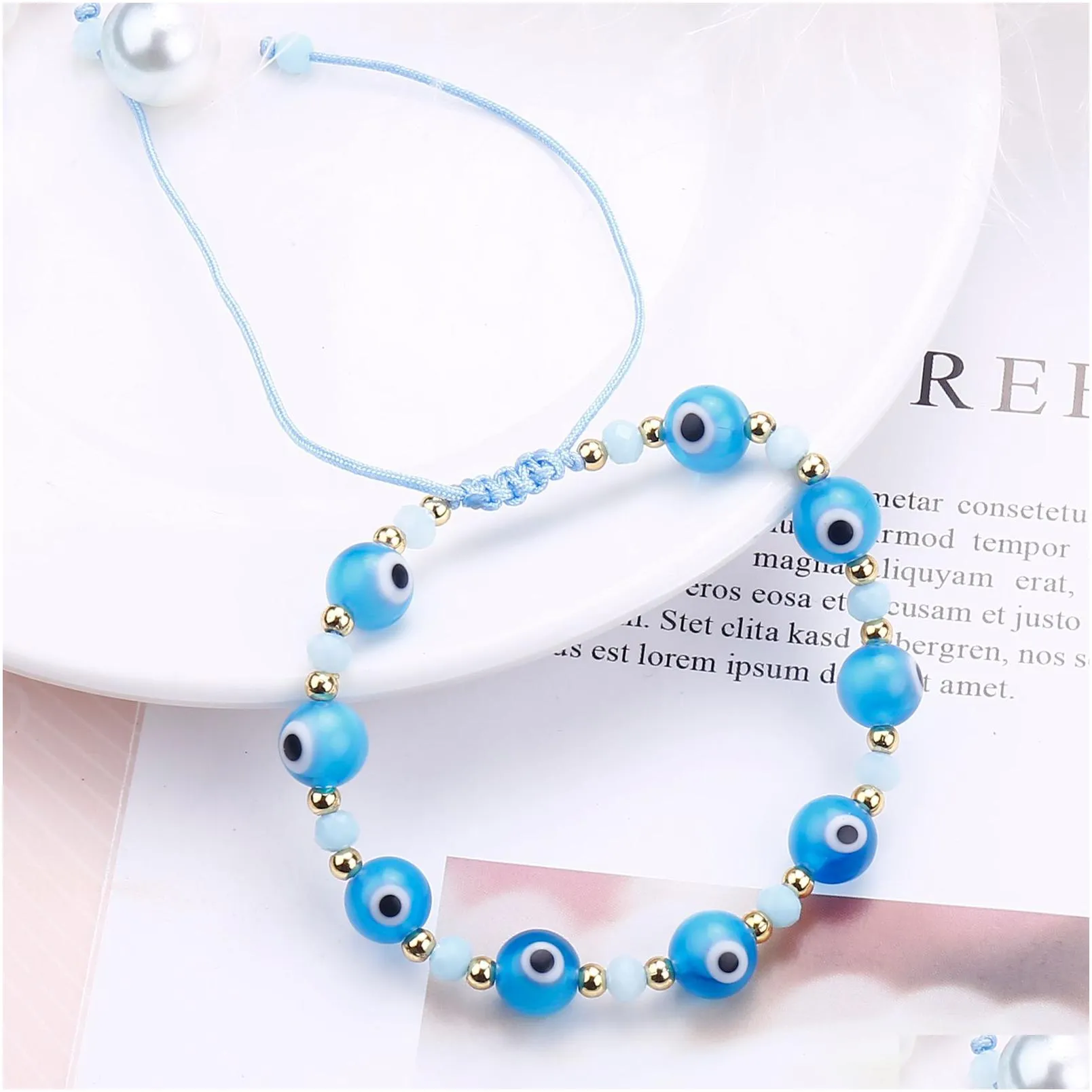 1pc classic evil blue eyes palm round glass beads bracelet wishing elastic rope chain bracelet for women`s fashion jewelry gift