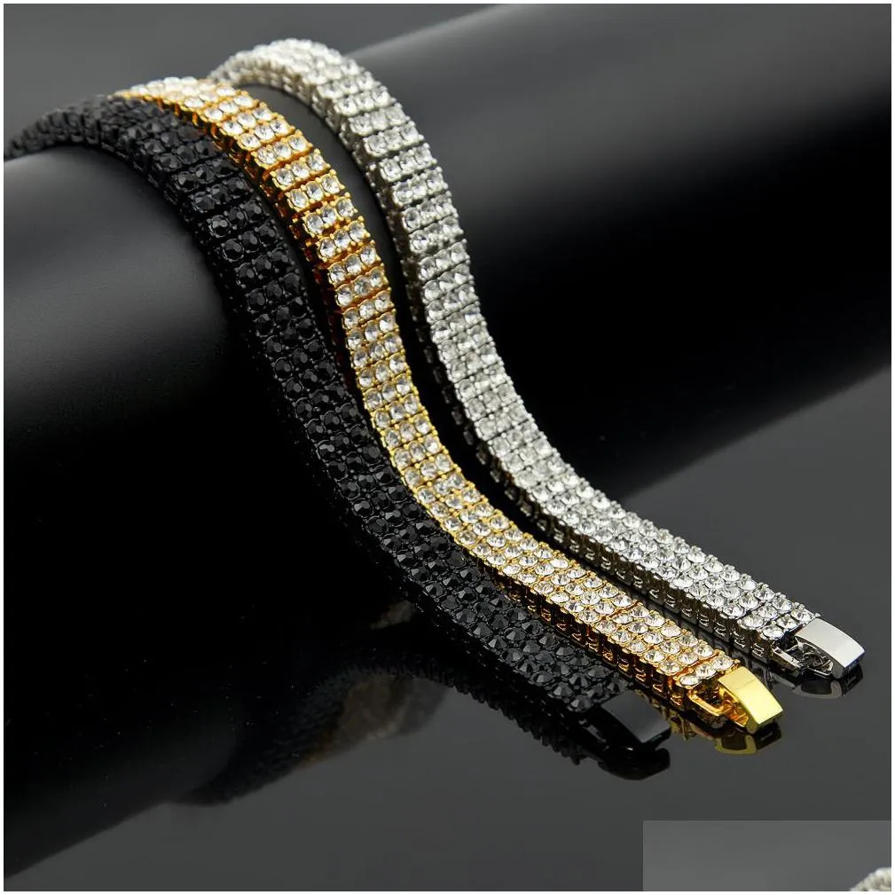 men black gold silver finish 3 row diamond simulate bracelet 8inch 12mm rhinestone iced out hip hop bling ewelry