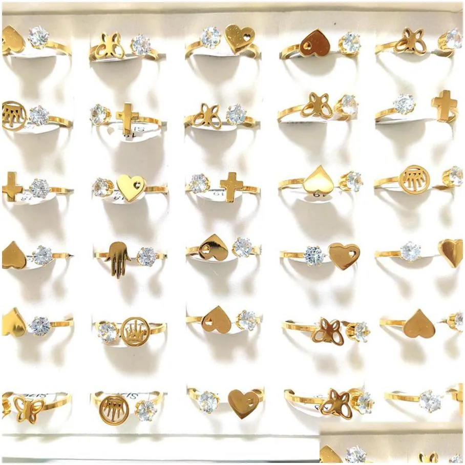 36pcs gold-plated cute mix women`s stainless steel zircon heart charm ring girls sweet party jewelry gift