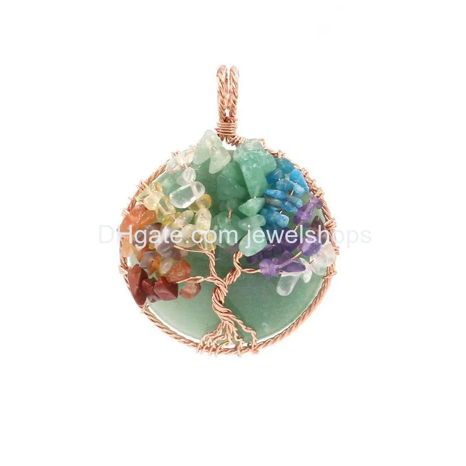 gemstone round cabochon life tree pendant chip stone wire wrapped quartz seven chakra t charm with brass chain necklace