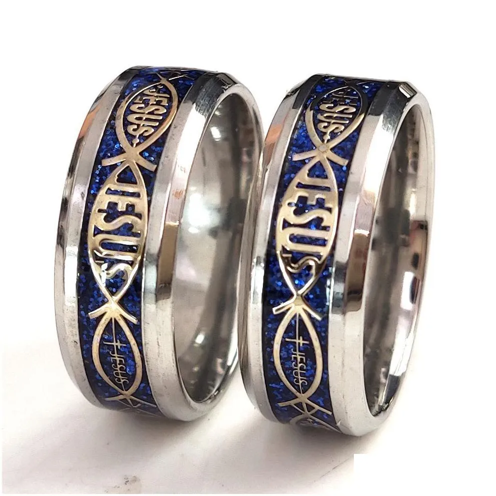 24pcs/lot high quality jesus letter 316l stainless steel ring top color mix religious christian fish finger rings men women wedding jewelry male bible