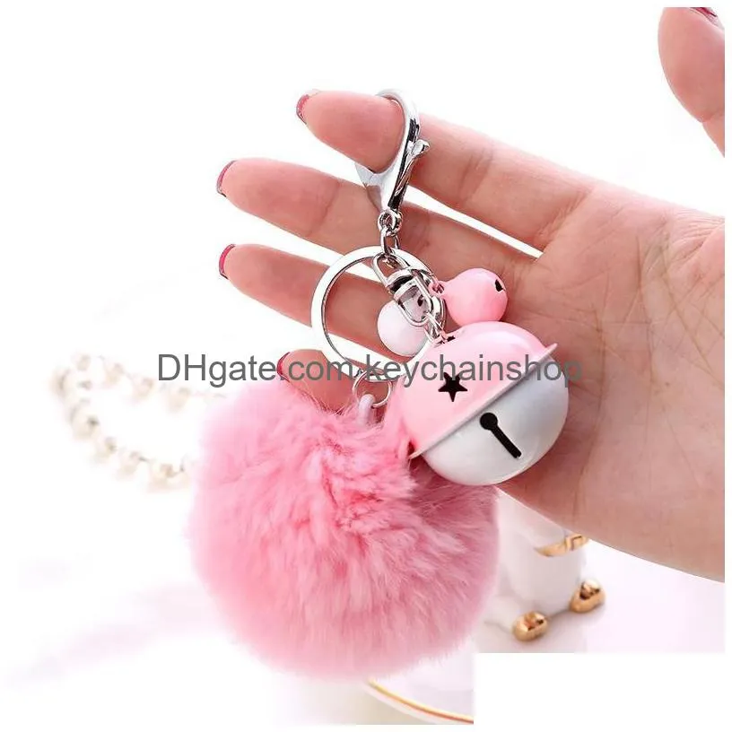 cute fashion fluffy plush keychain for women small bell fur ball keyfobs pompom keyring car key holder girls bag accessories