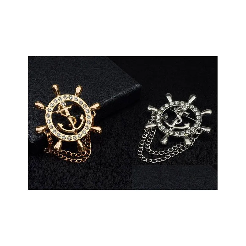 wholesale- elegant gold unisex anchor cruises brooches for women men fine jewelry accessories crystal man lapel pin bijoux