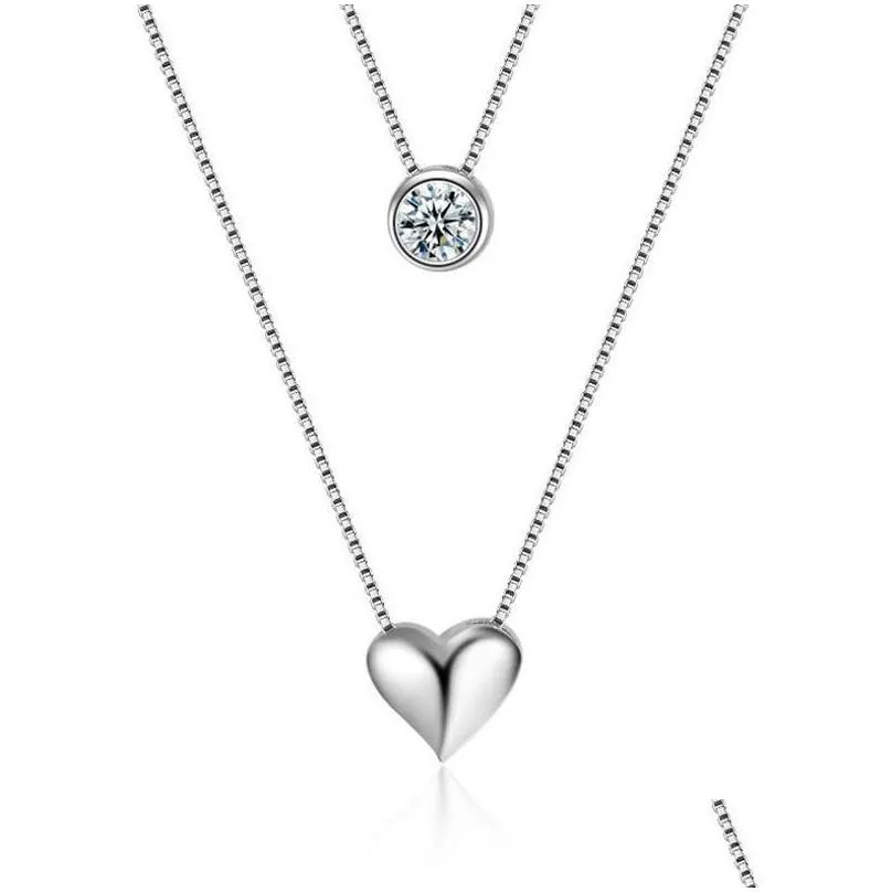 925 sterling silver necklace double layer chain zircon heart pendants necklaces for women kolye choker s-n157