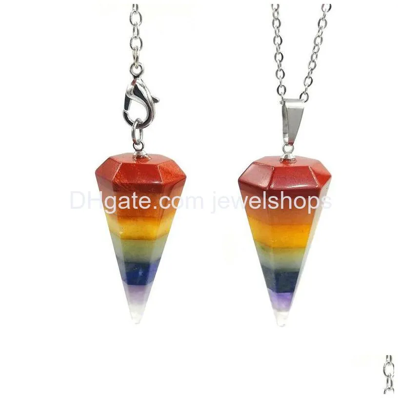 seven chakra hexagonal cone pendant candy color style layered dowsing pendulum gemstone charm with stainless steel chain for yoga