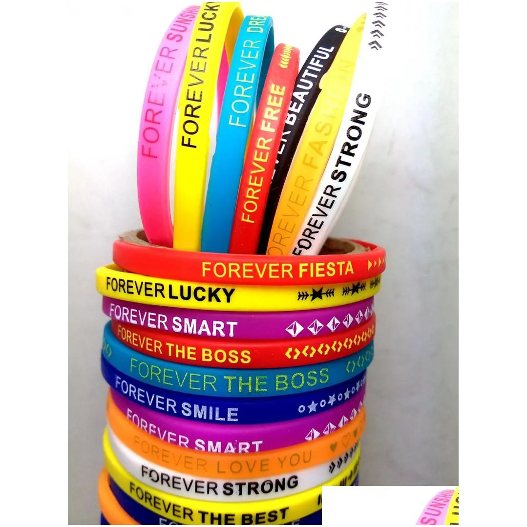 bulk lots 100pcs top design colorful charm forever silicone bracelets rubber sports wristands men women toys bangles birthday xmas