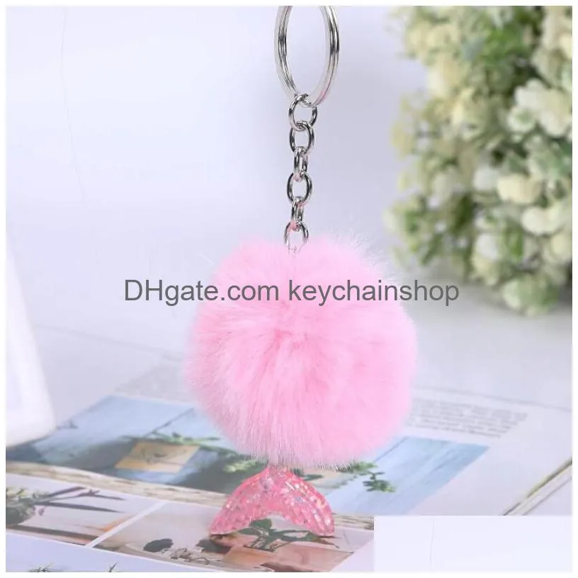mermaid keychain fur pompom ball key chains decorative pendant women bag car ornaments fashion jewelry